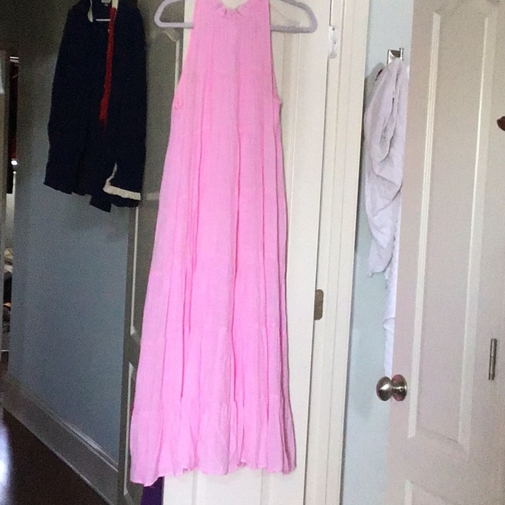 Ruffle high neck pink maxi dress